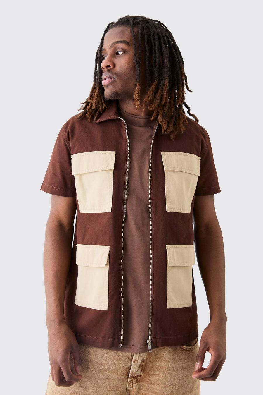 Kurzärmliges Twill Hemd mit Kontrast-Tasche, Brown