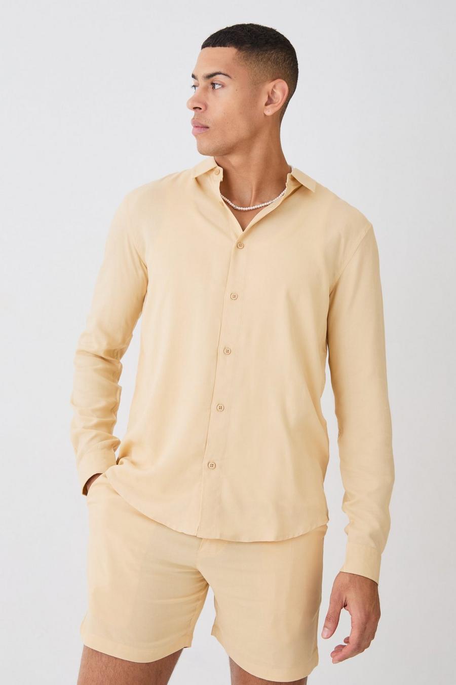 Taupe beige Plain Viscose Long Sleeve Shirt