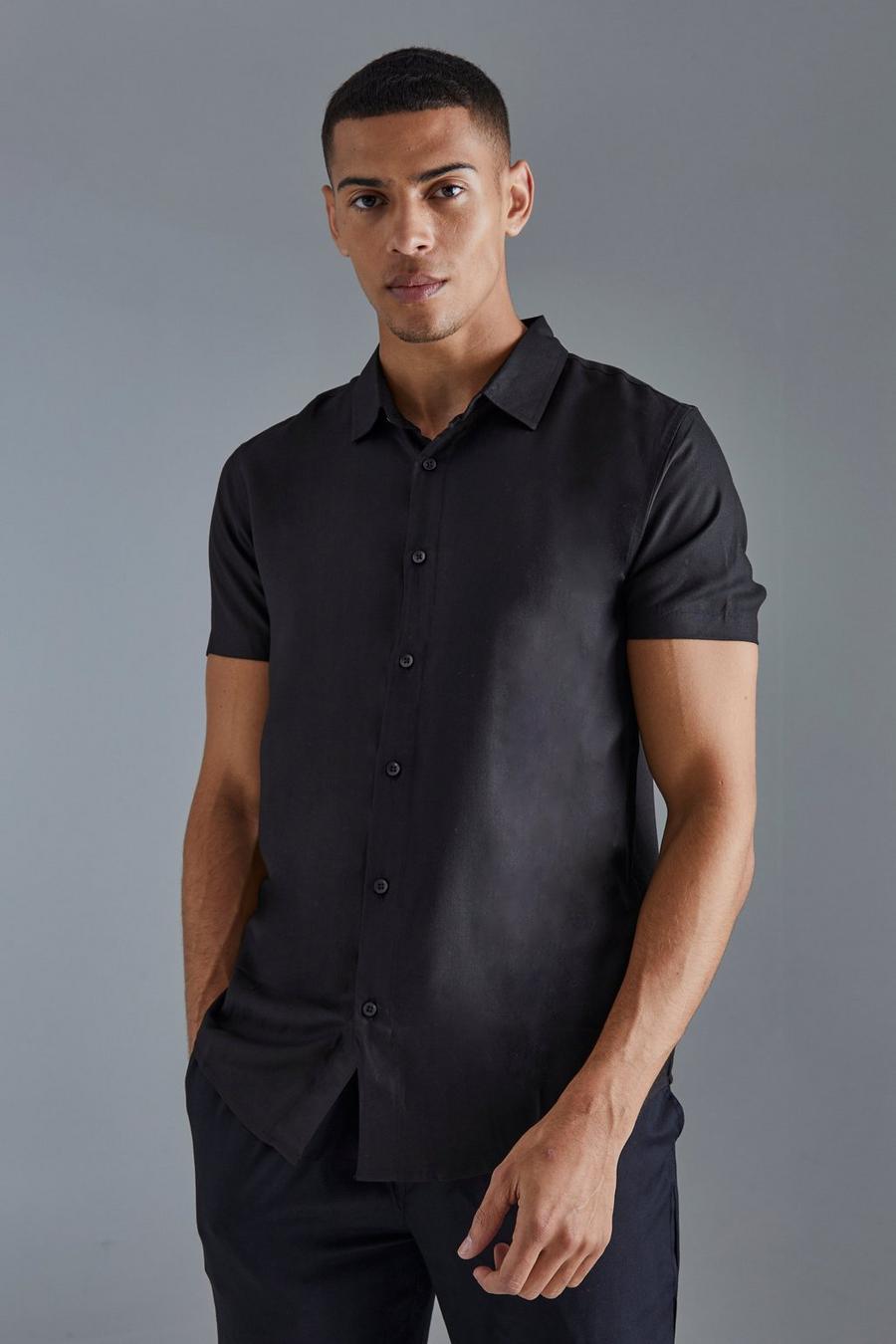 Black Plain Viscose Short Sleeve Shirt