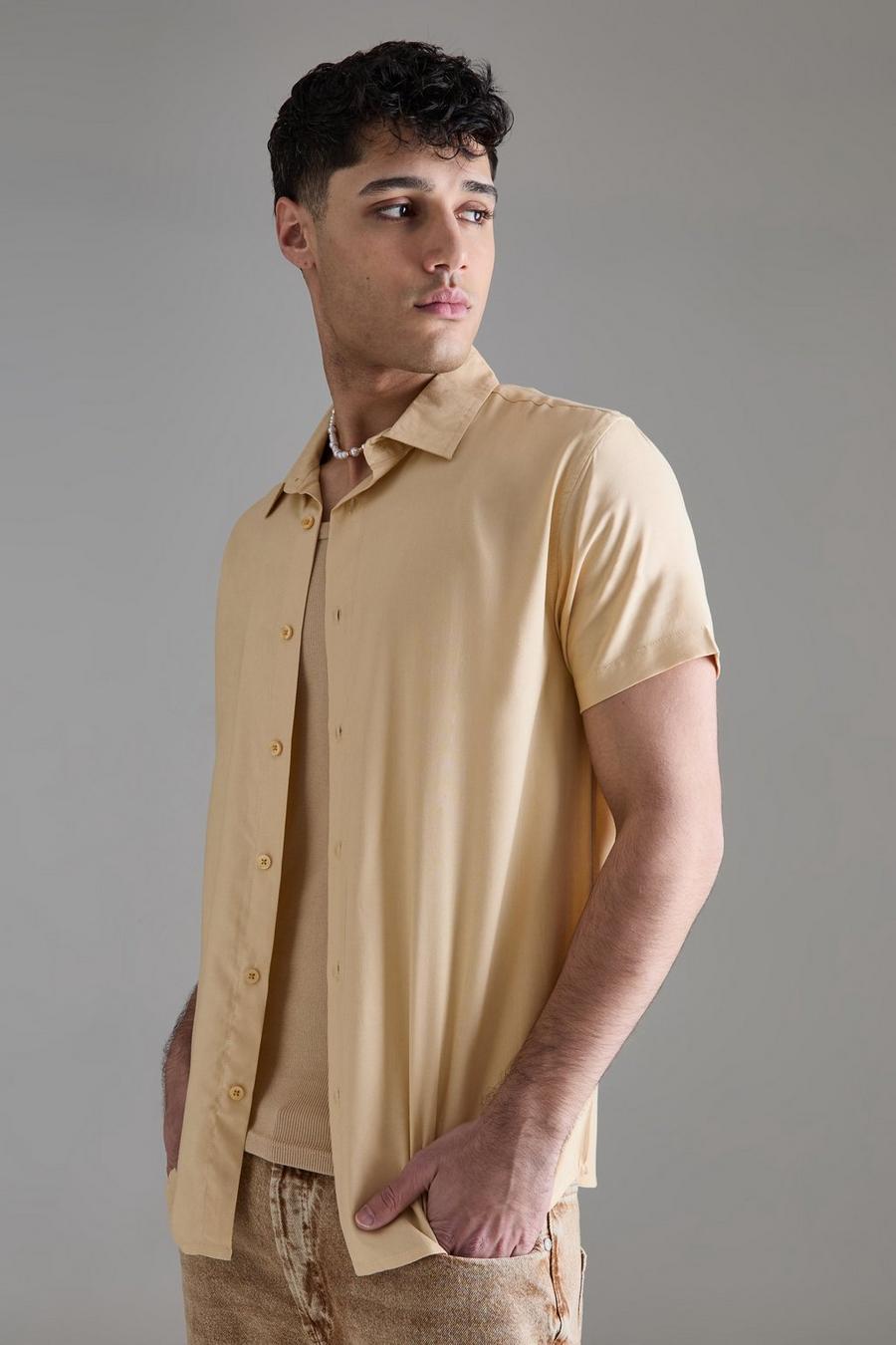Taupe Plain Viscose Short Sleeve Shirt image number 1