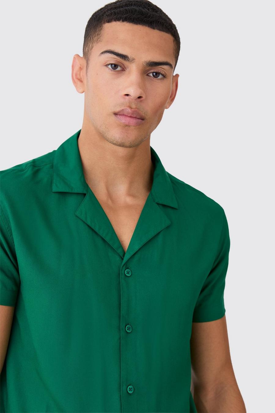 Khaki Plain Viscose Shirt And Short image number 1