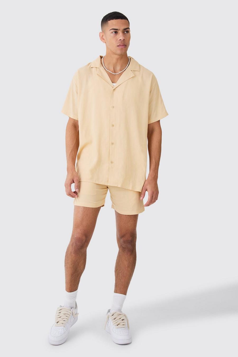 Taupe Oversized Effen Viscose Overhemd En Shorts image number 1