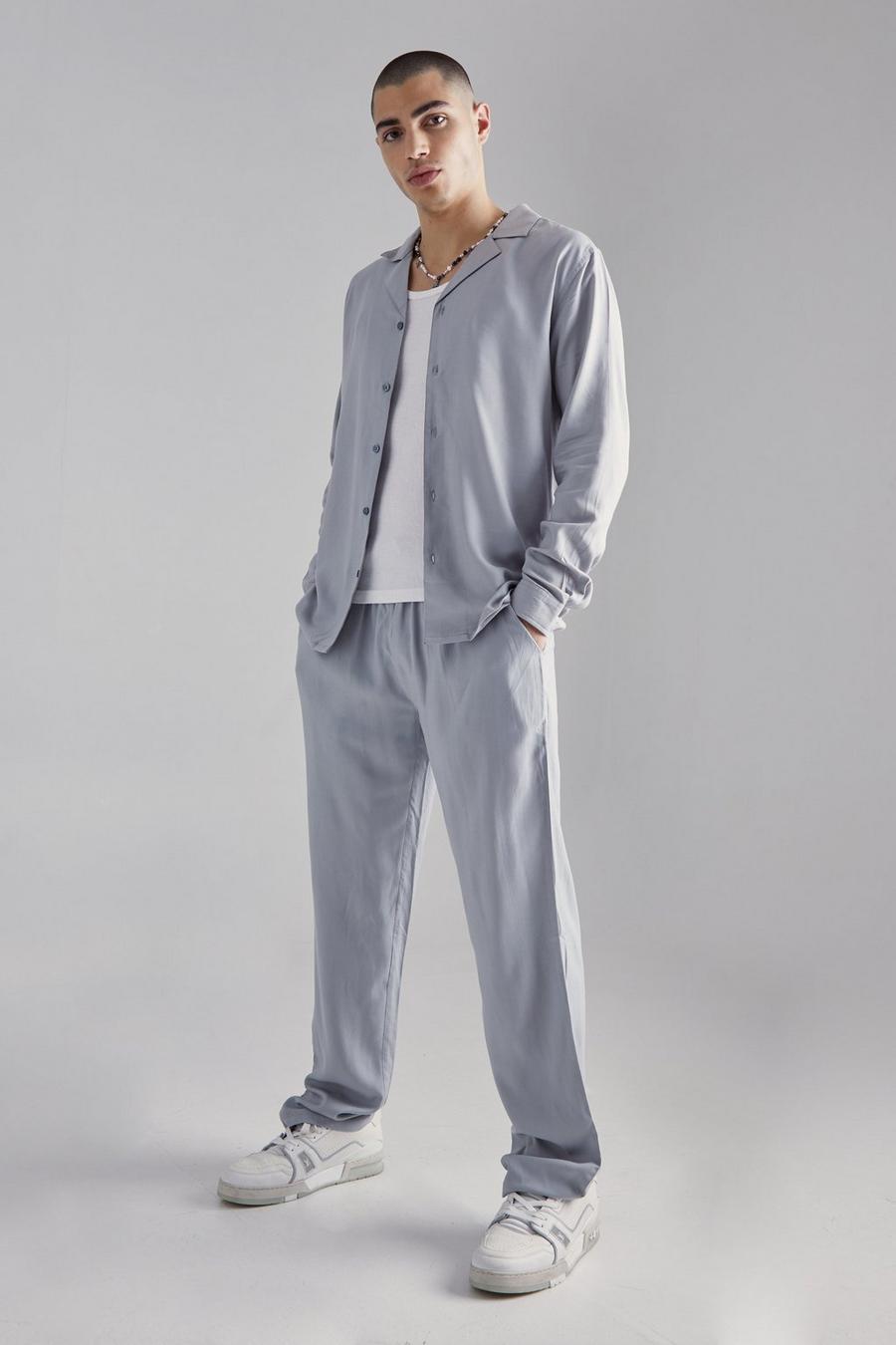 Grey Effen Viscose Overhemd Met Lange Mouwen En Broek image number 1