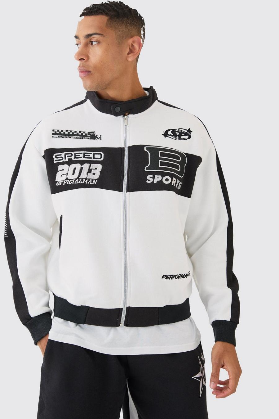 Men's Oversized Boxy Moto Embroidered Jersey Jacket | Boohoo UK