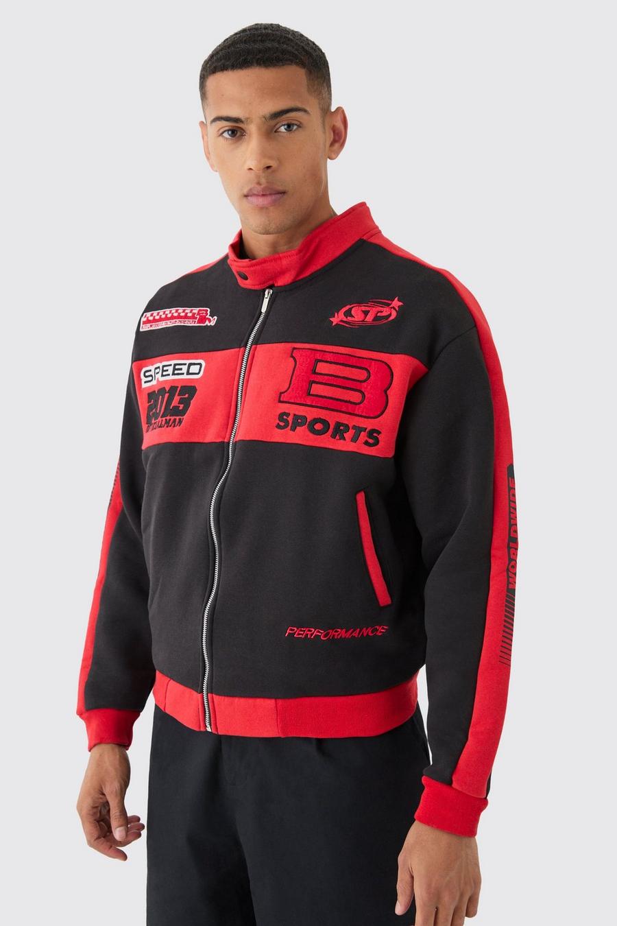 Red Oversized Boxy Moto Embroidered Jersey Jacket image number 1