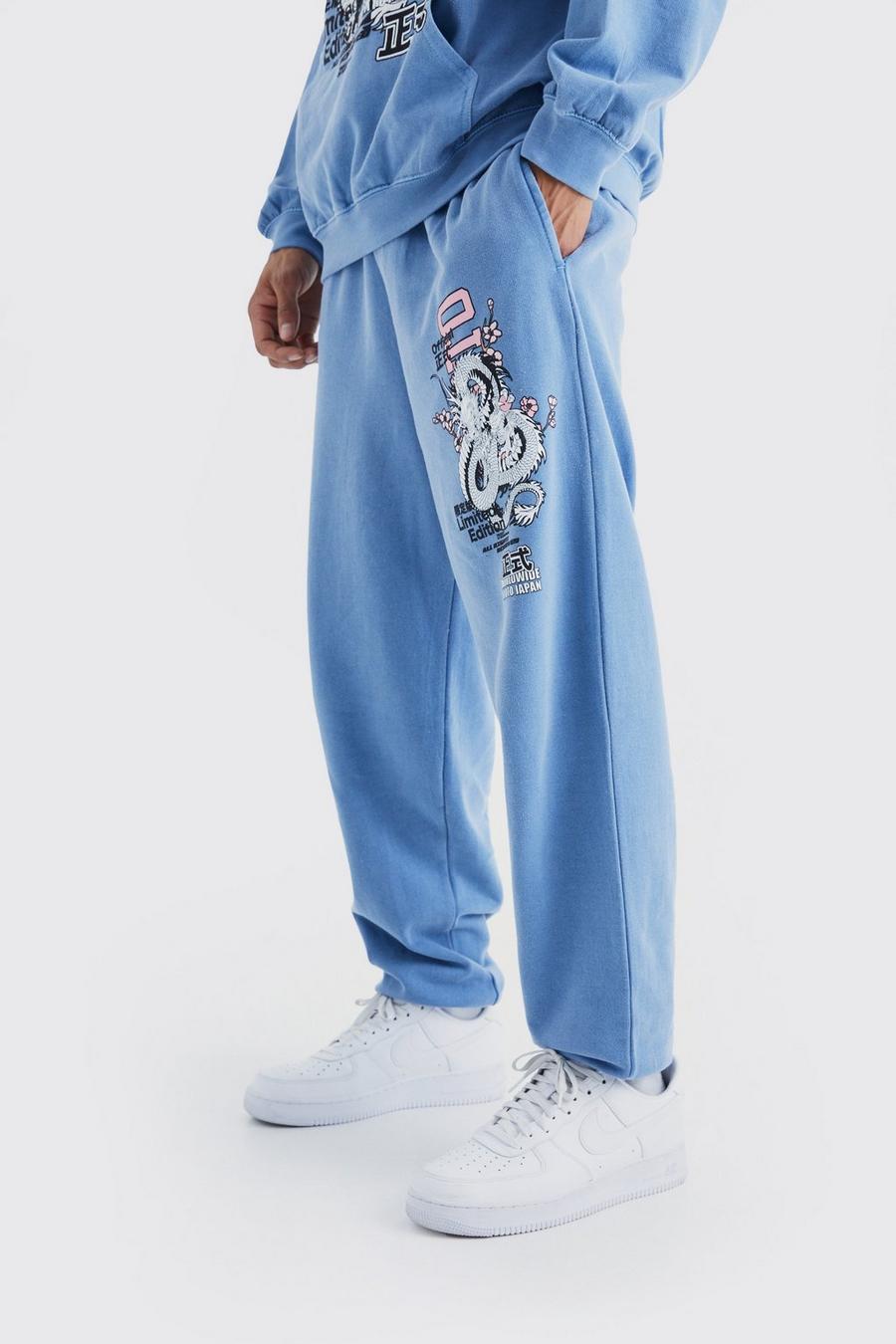 Pantalón deportivo oversize sobreteñido con estampado de dragón y flores, Slate blue