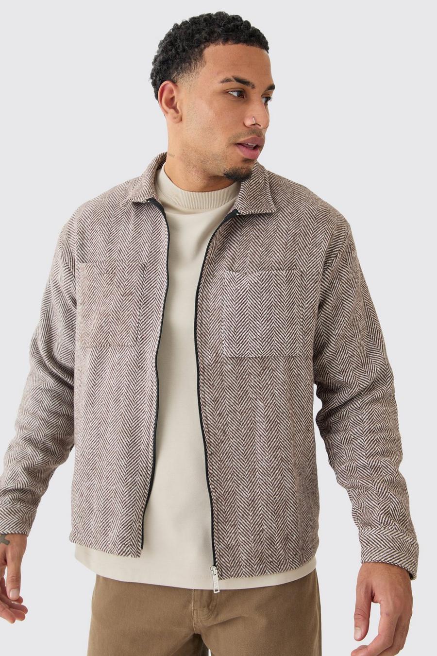 Brown Long Sleeve P Boxy Jacquard Shirt Jacket image number 1