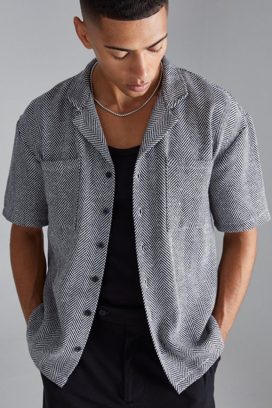 Men's Short Sleeve Drop Revere Jacquard Shirt | Boohoo UK
