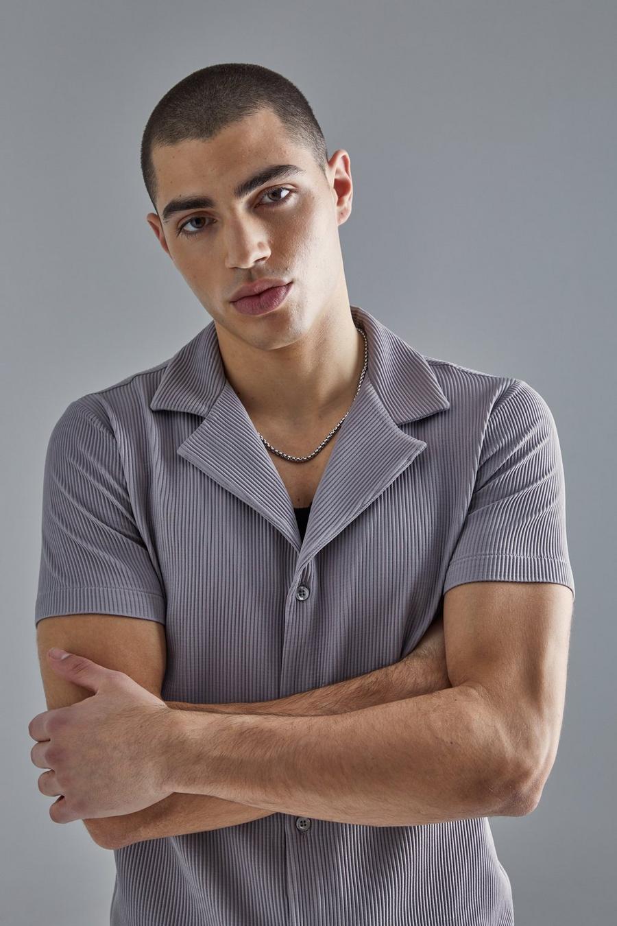 Grey Pleated Muscle Fit Revere Shirt image number 1