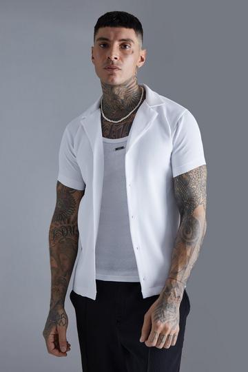 Short Sleeve Revere Stretch Fit Pleated Shirt white