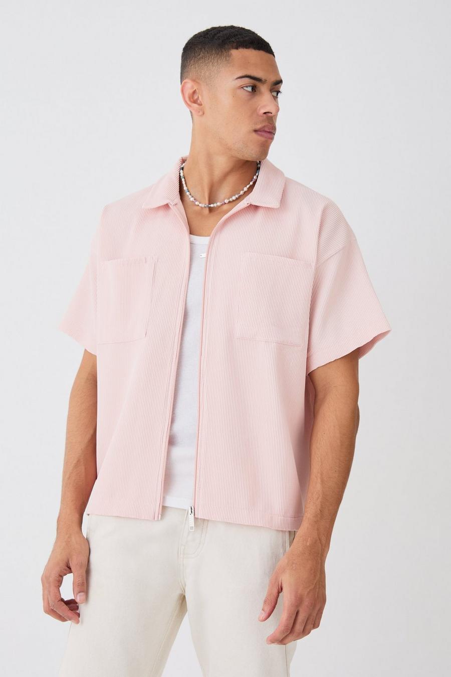 Mauve Pleated Boxy Zip Through Collared Short Sleeve Shirt