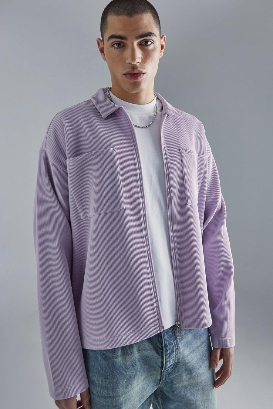 Lilac Pleated Boxy Zip Through Collared Shirt image number 1