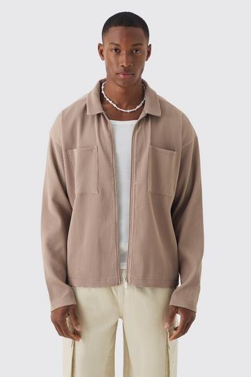 Pleated Boxy Zip Through Collared Shirt mocha