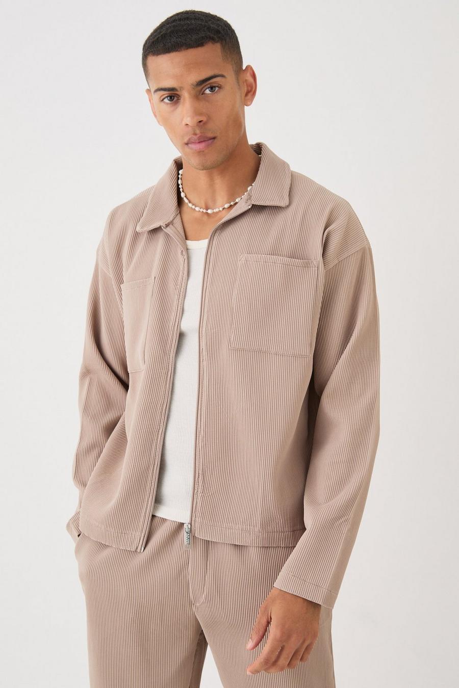 Mocha Pleated Boxy Zip Through Collared Shirt image number 1
