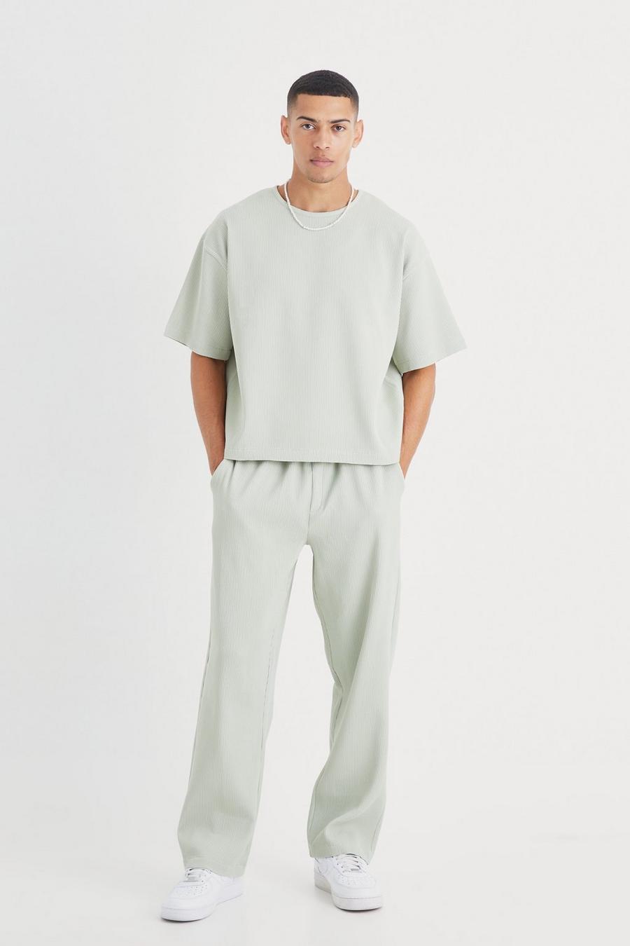 T-shirt squadrata oversize con pieghe & pantaloni, Sage image number 1