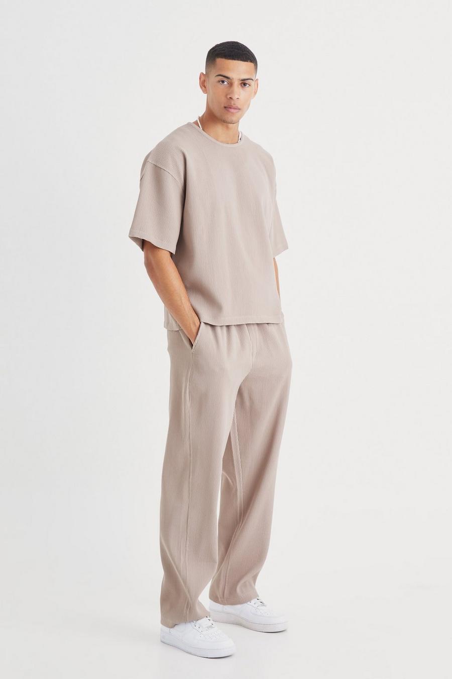 Pantalón y camiseta recta oversize plisada, Mocha