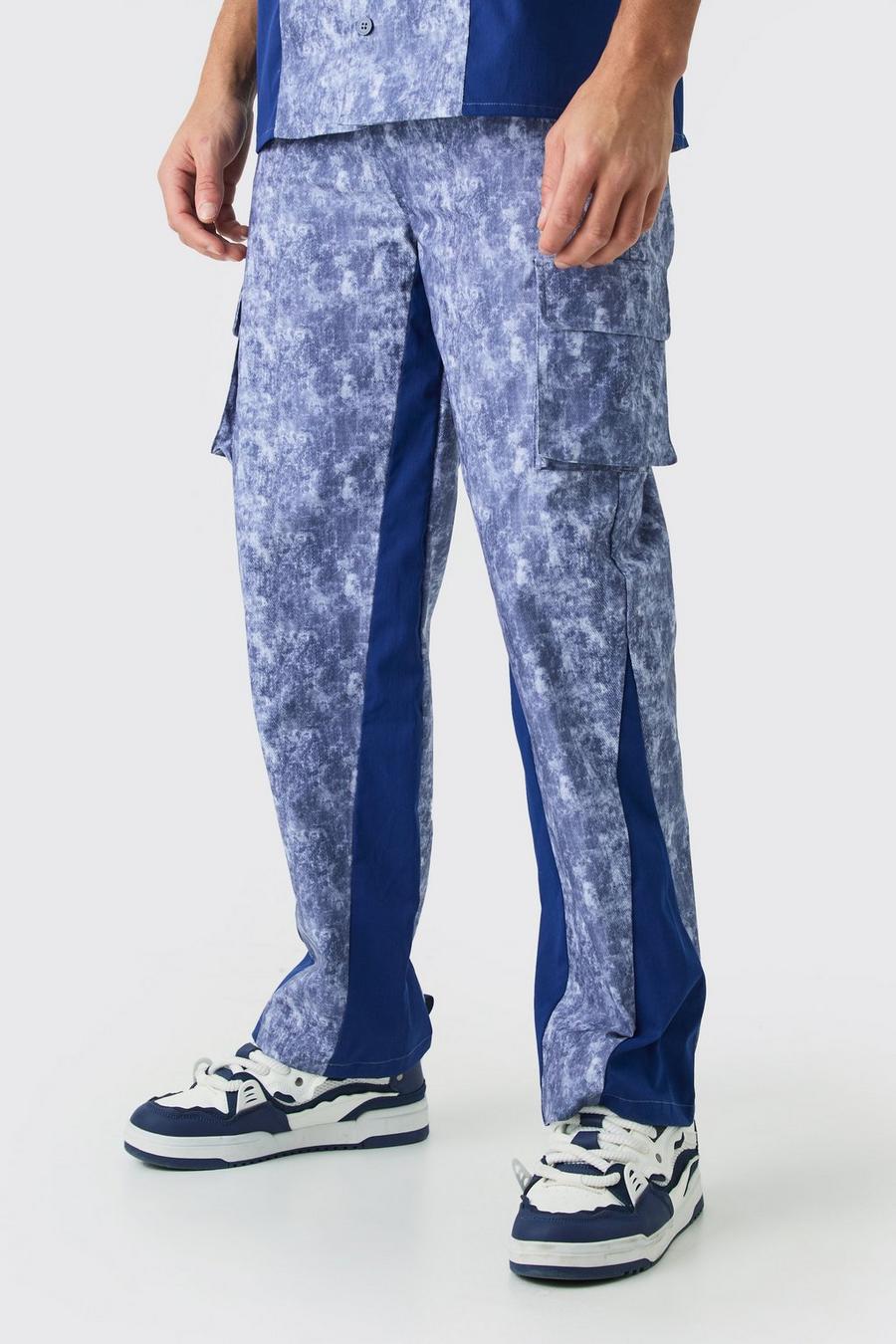 Pantaloni rilassati in fantasia militare con inserti in vita fissa, Denim-blue