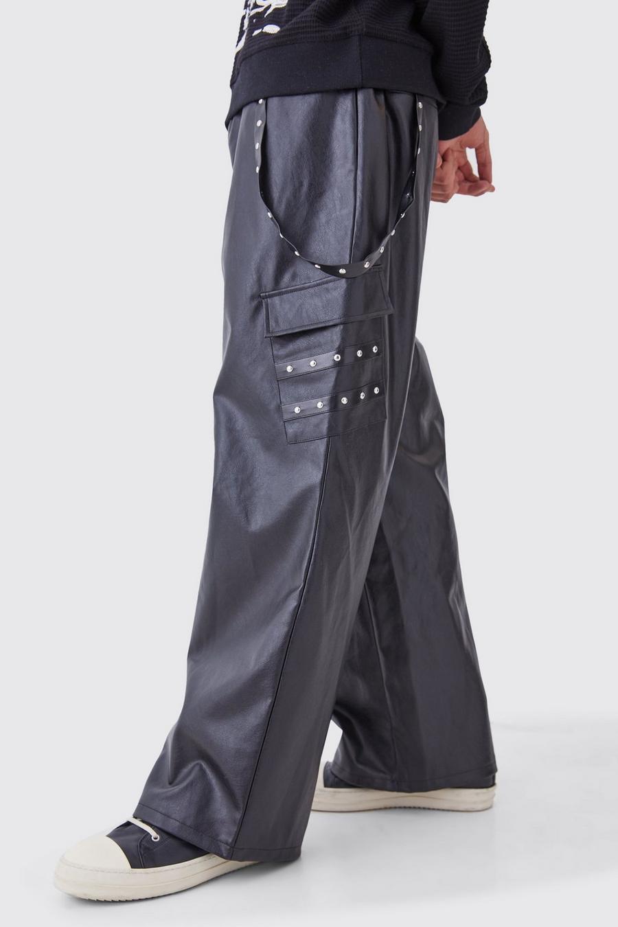 Pantalón de pernera ancha y cuero sintético con cintura elástica, Black