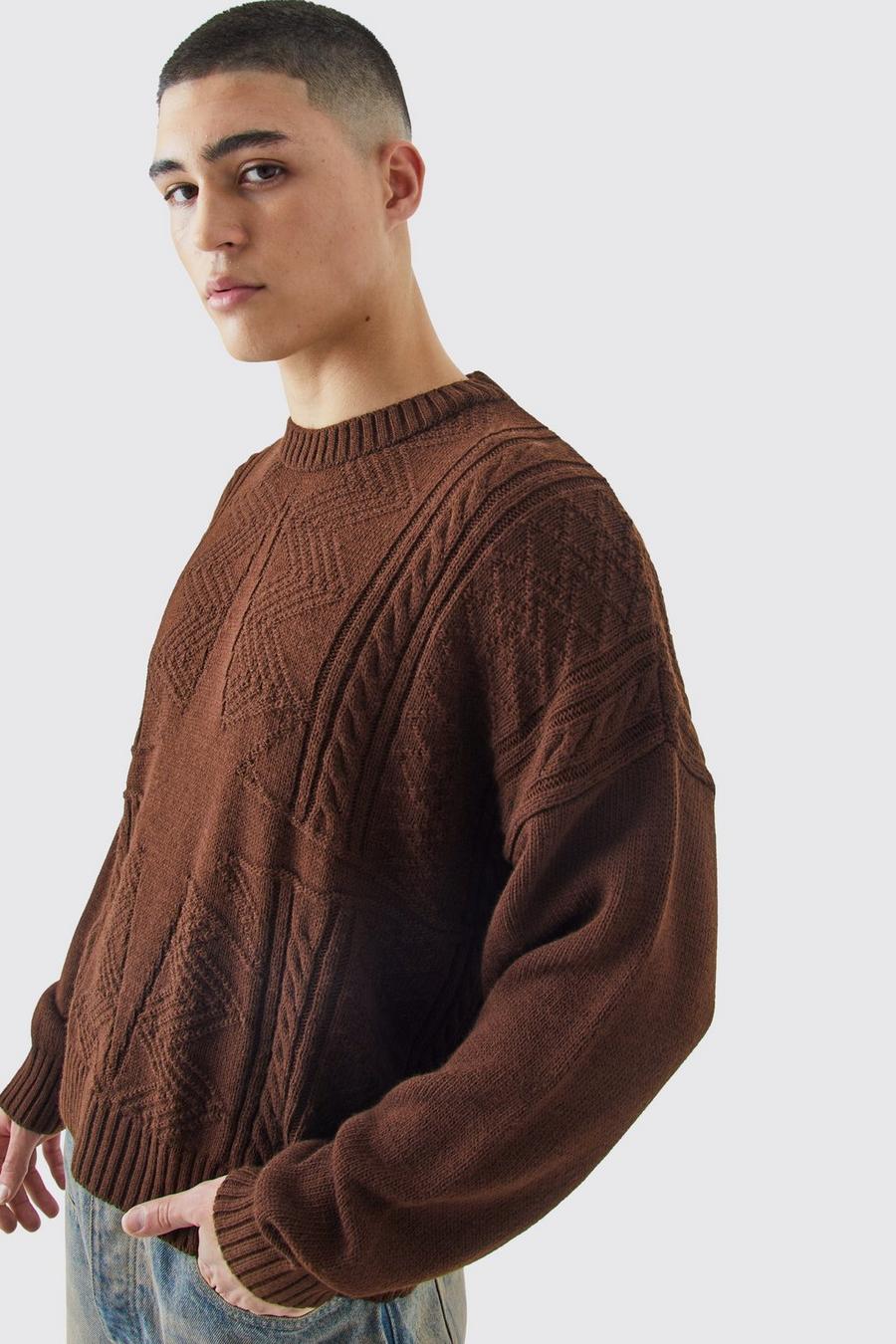 Chocolate Oversized Boxy Star Cable Knit Jumper image number 1