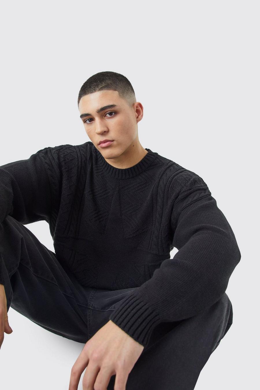 Black Oversized Boxy Star Cable Knit Jumper image number 1