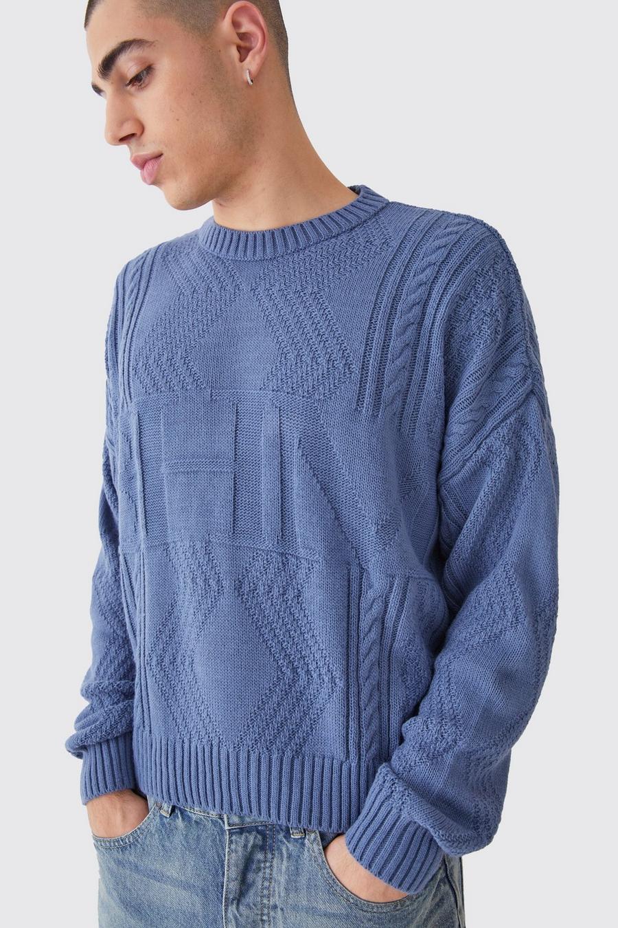 Kastiger Oversize Zopfmuster-Pullover, Blue