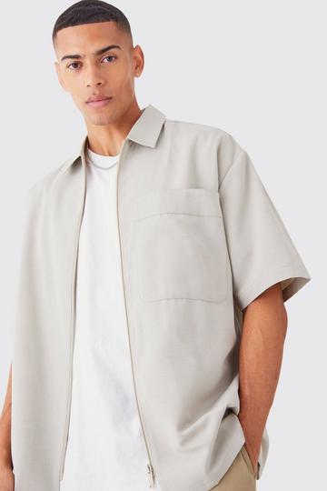 Stone Beige Oversized Boxy Ripstop Zip Through Shirt