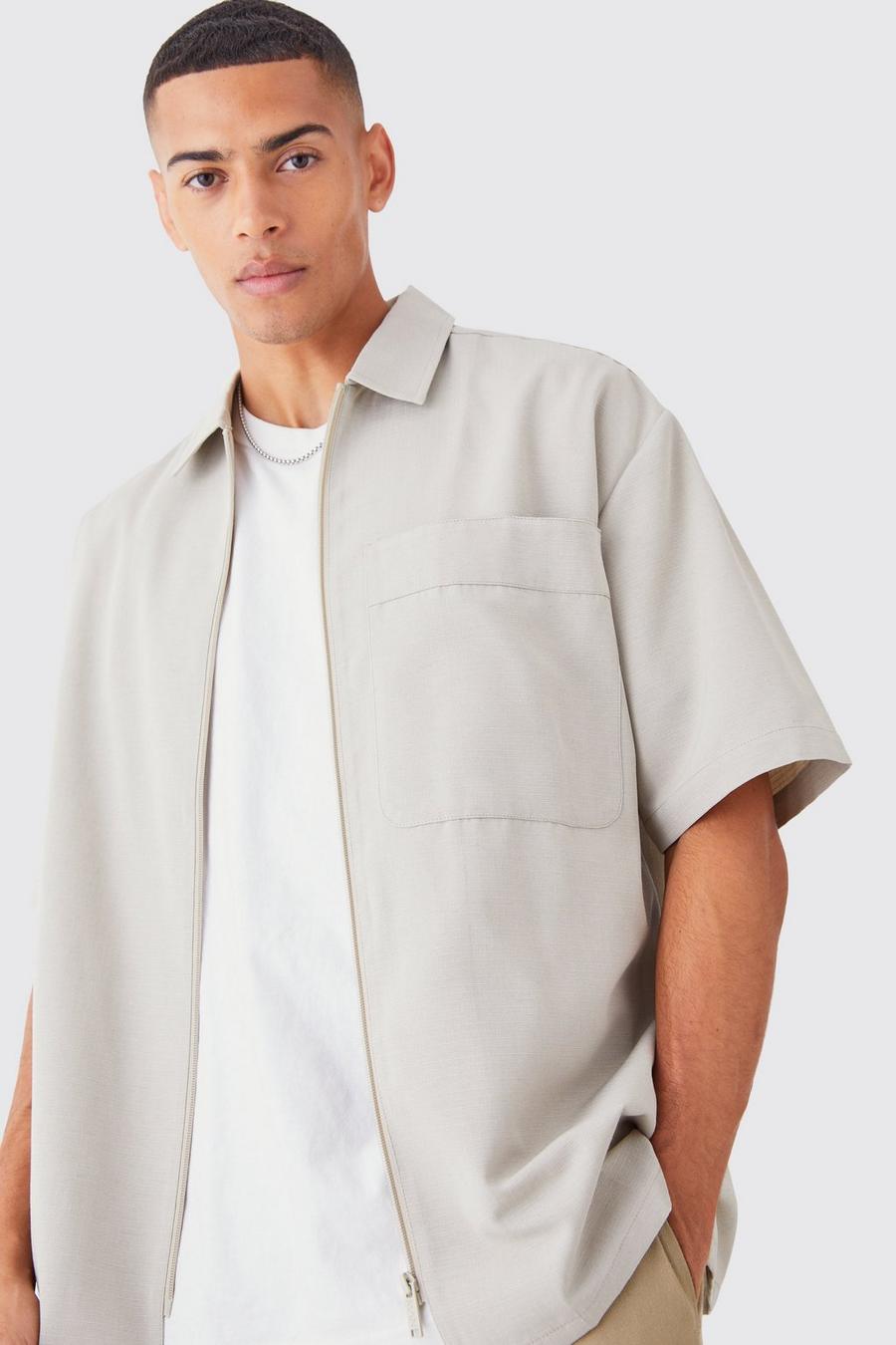 Stone Oversized Boxy Ripstop Zip Through Shirt