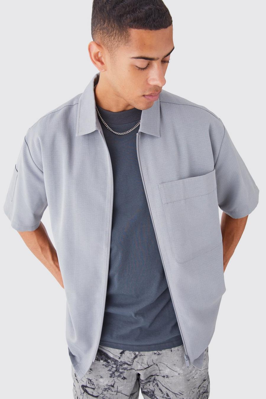 Camicia squadrata oversize in nylon ripstop con zip, Slate blue
