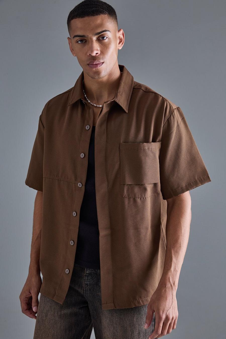 Camicia squadrata oversize in nylon ripstop, Chocolate