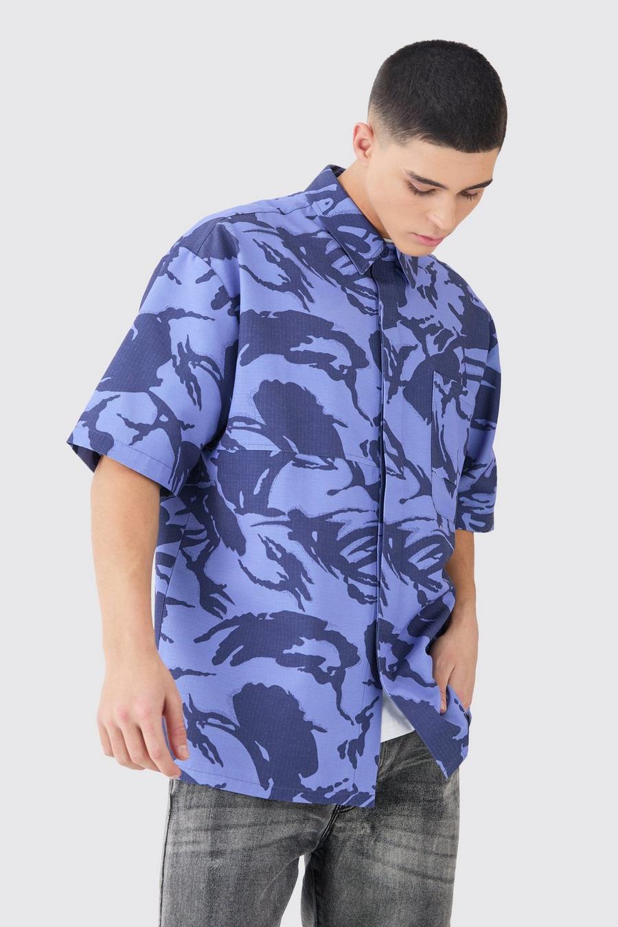 Camicia squadrata oversize in nylon ripstop in fantasia militare, Blue image number 1