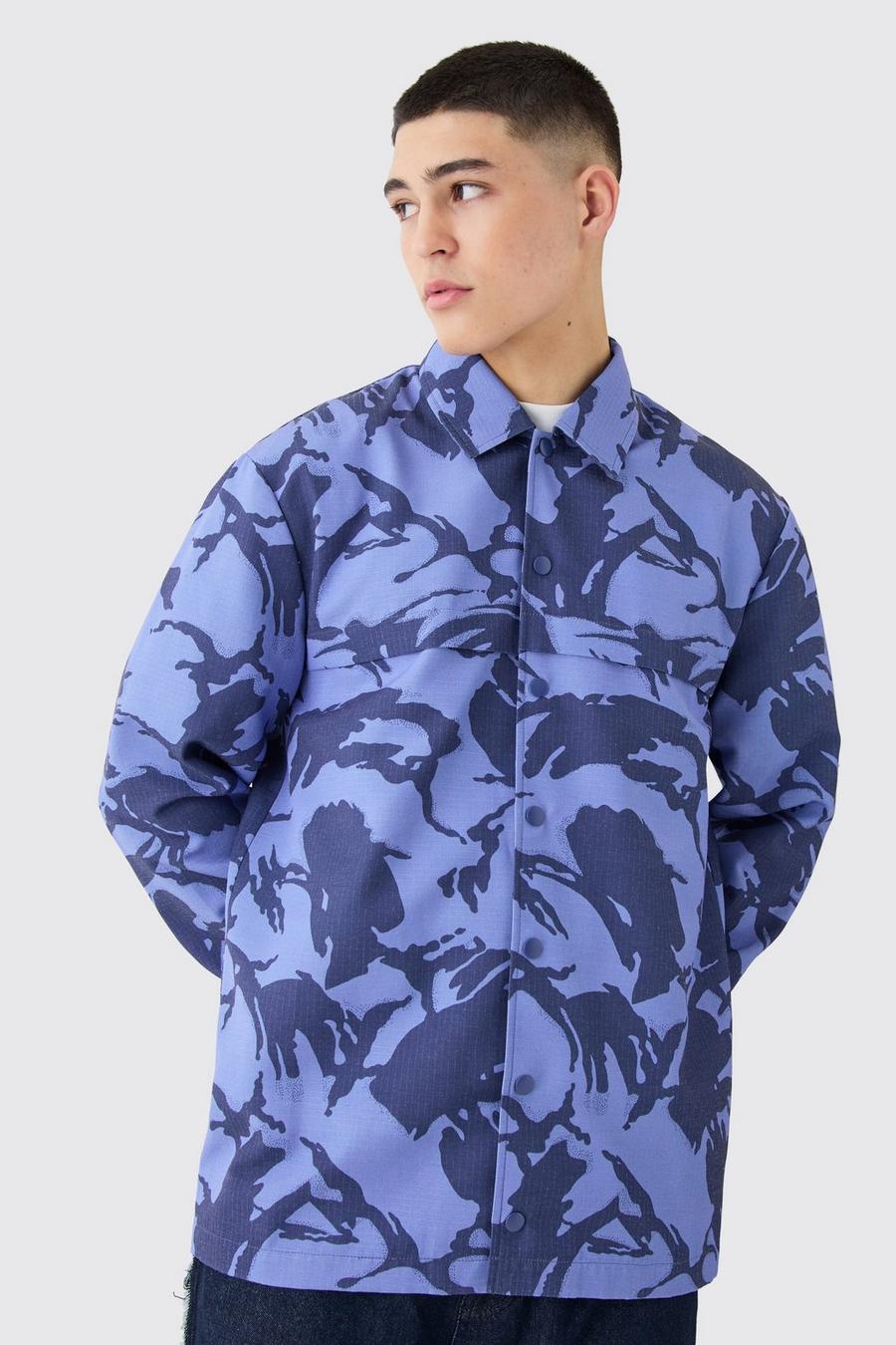 Blue Regular Long Sleeve Ripstop Popper Camo Overshirt