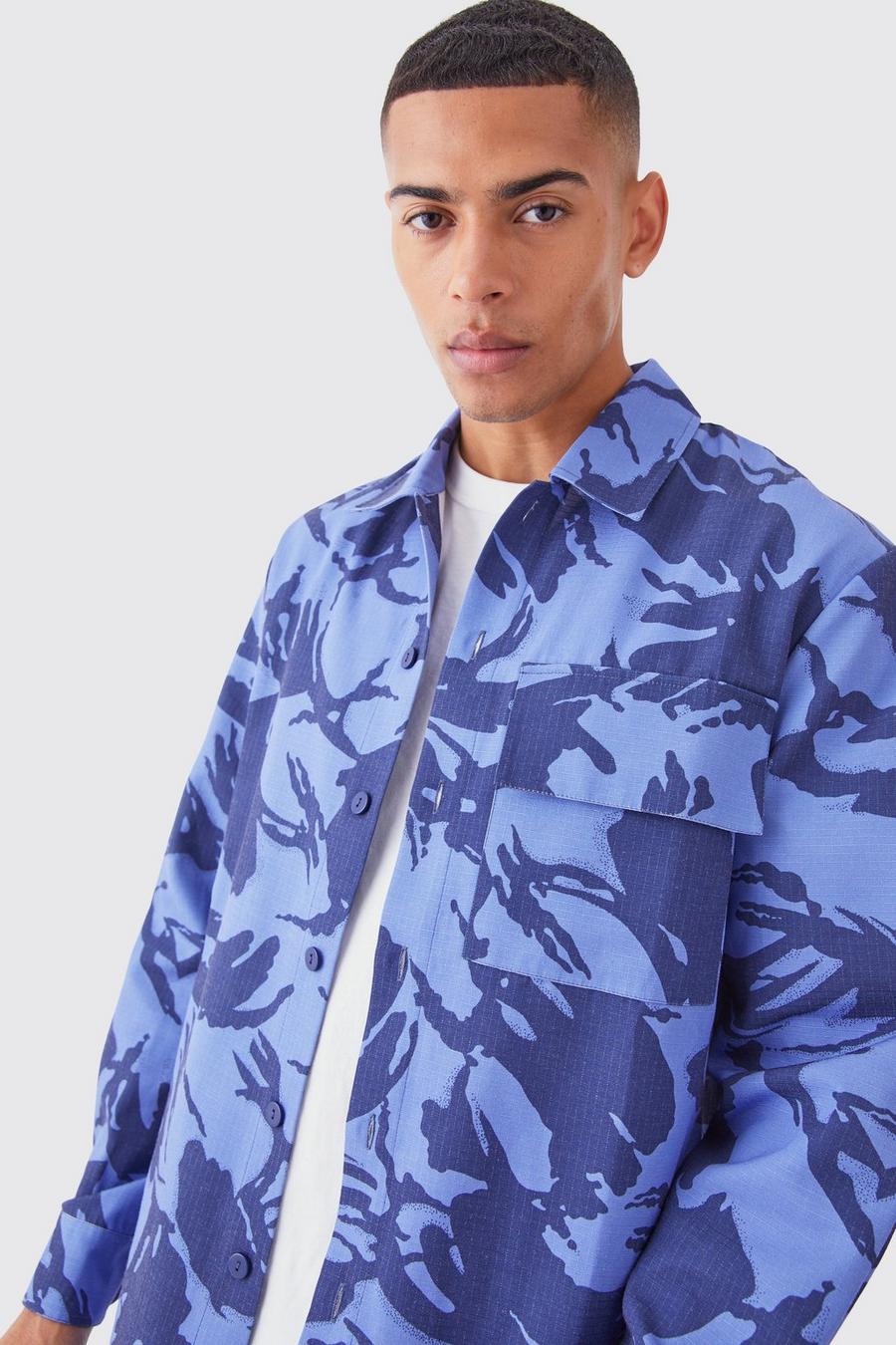 Blue Regular Long Sleeve Ripstop Camo Shirt Jacket