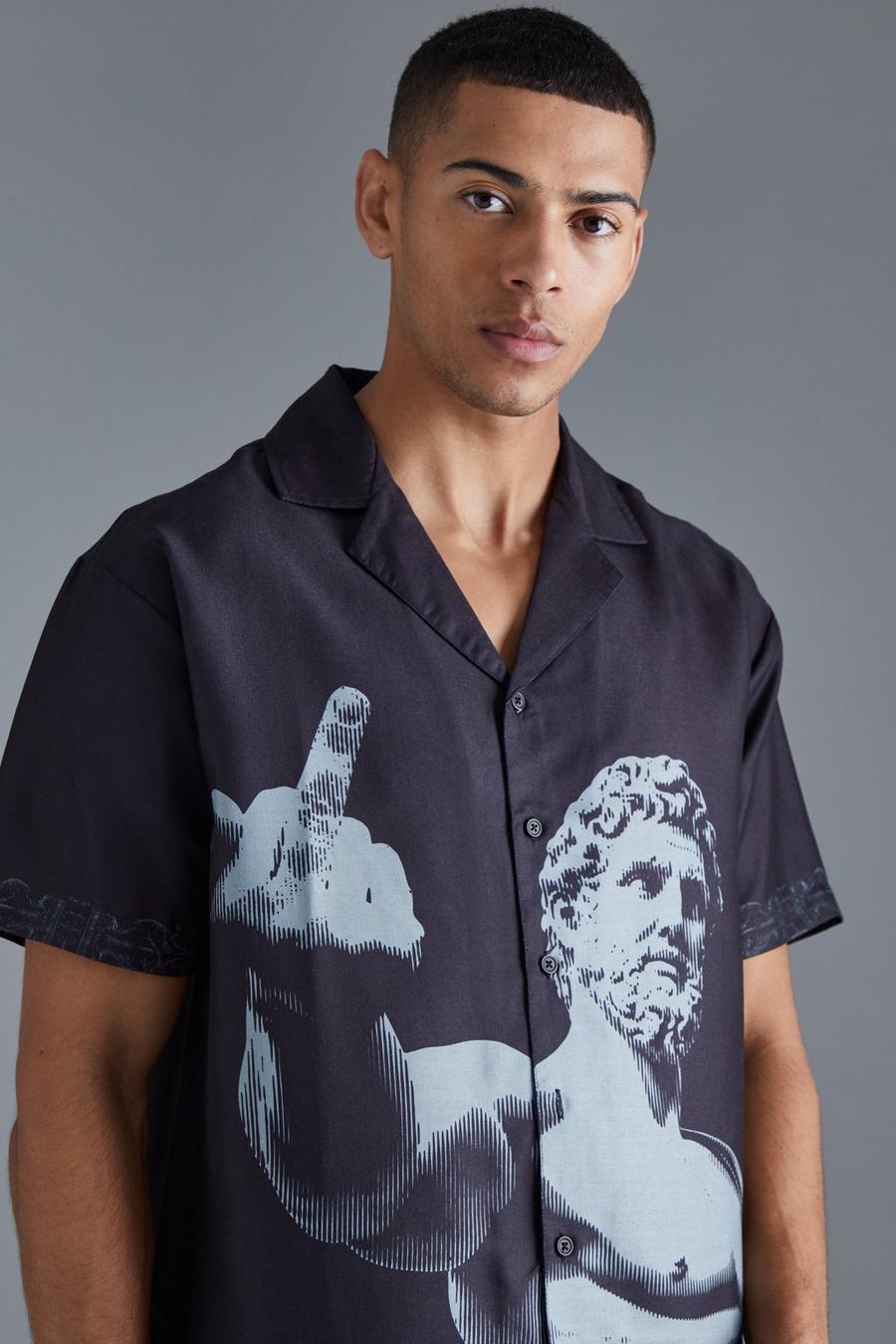 Kurzärmliges Oversize Hemd mit Print, Black