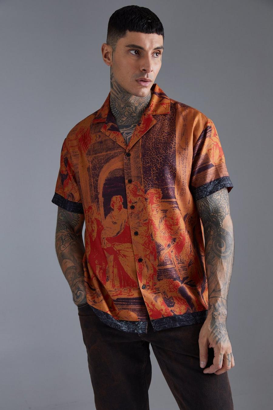 Camisa oversize de manga corta con estampado de pintura en relieve, Rust