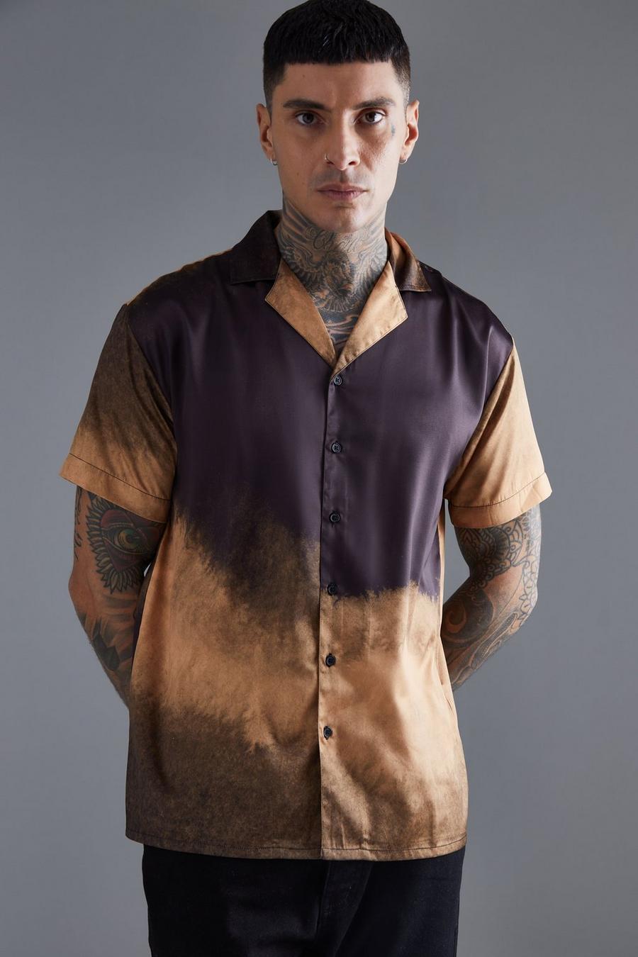 Brown Short Sleeve Oversized Ombre Satin Shirt image number 1