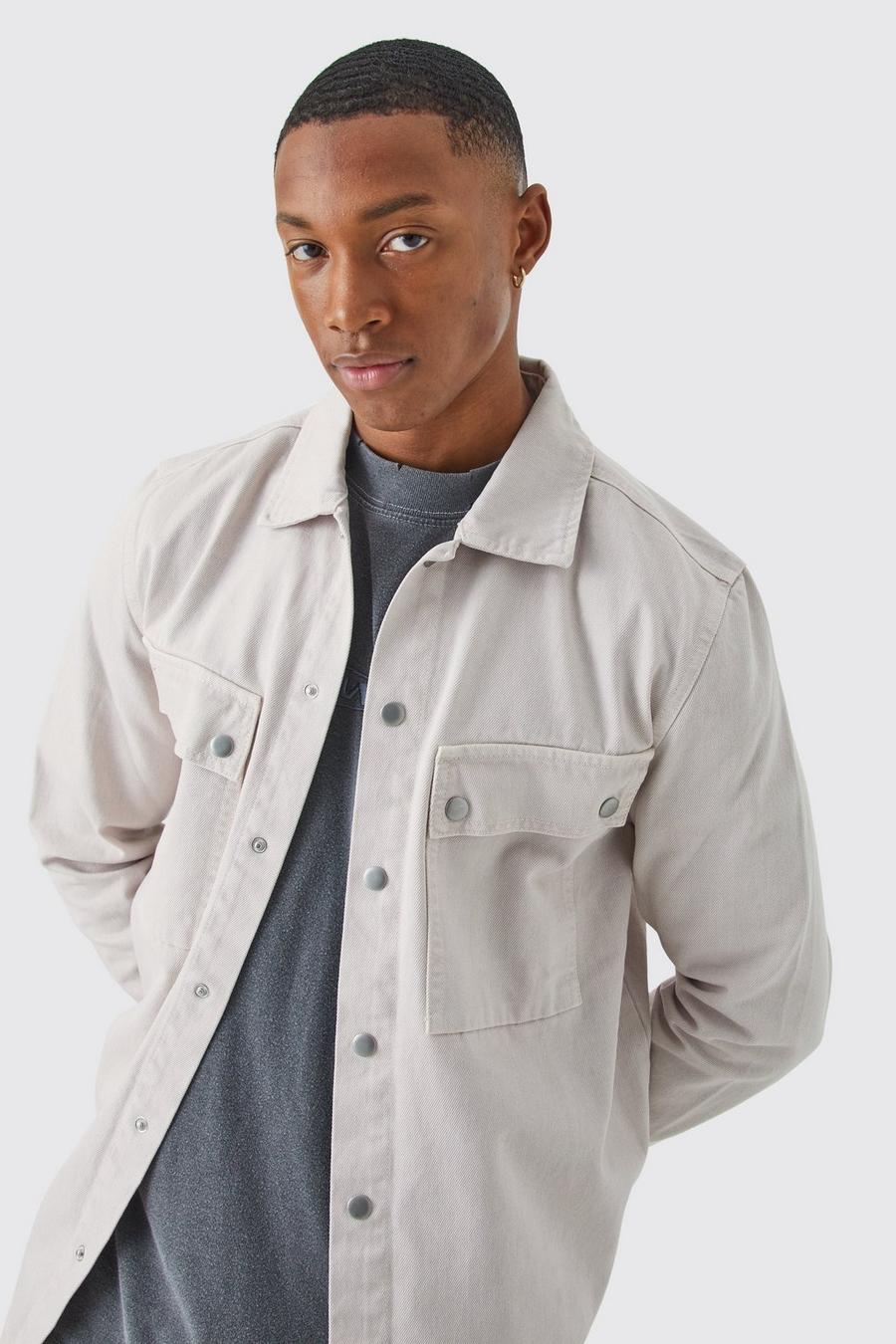 Light grey Skjortjacka i twill med tryckknappar image number 1