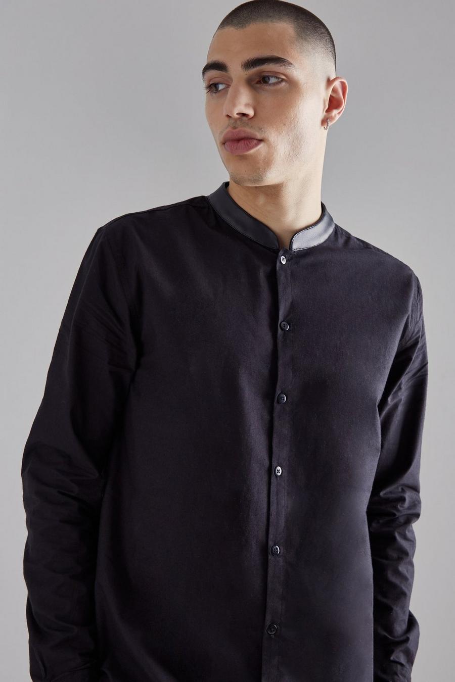 Camisa de popelina con cuello de cuero sintético, Black image number 1