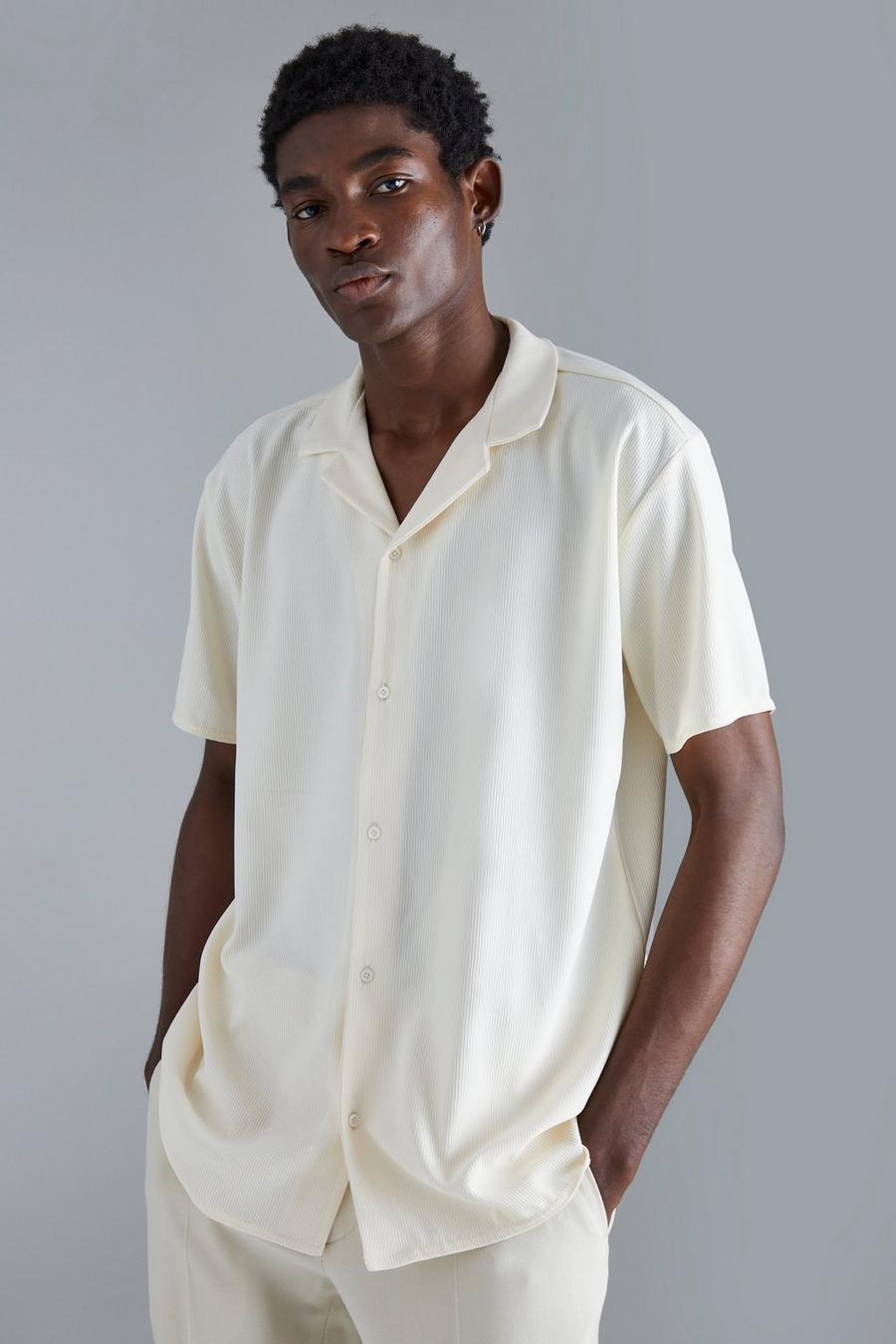 Ecru blanc Short Sleeve Ribbed Revere Oversized Shirt