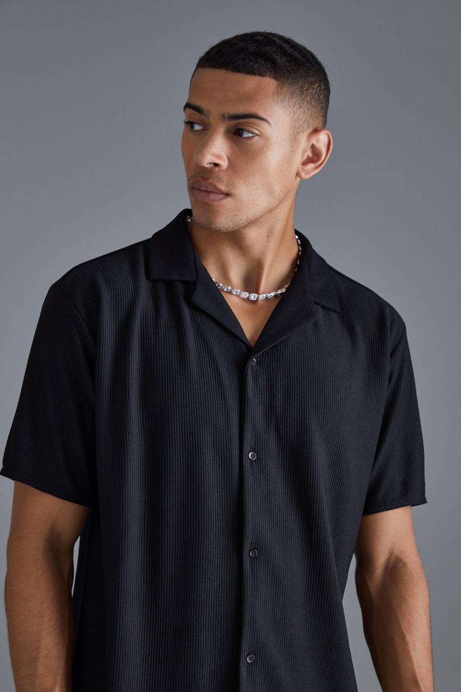 Black Short Sleeve Ribbed Revere Oversized Shirt image number 1