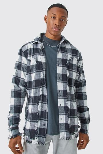 Oversized Distressed Panel Check Shirt black