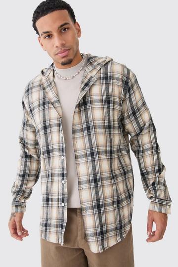 Long Sleeve Oversized Hooded Button Through Check Shirt grey
