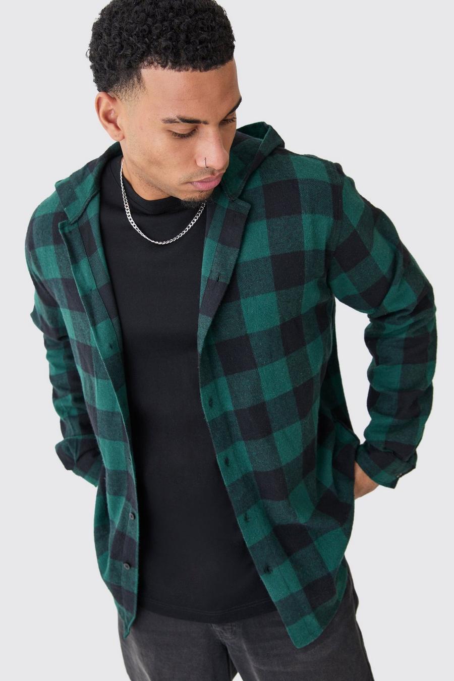 Camisa oversize de manga larga con capucha y estampado de cuadros y botones, Green image number 1