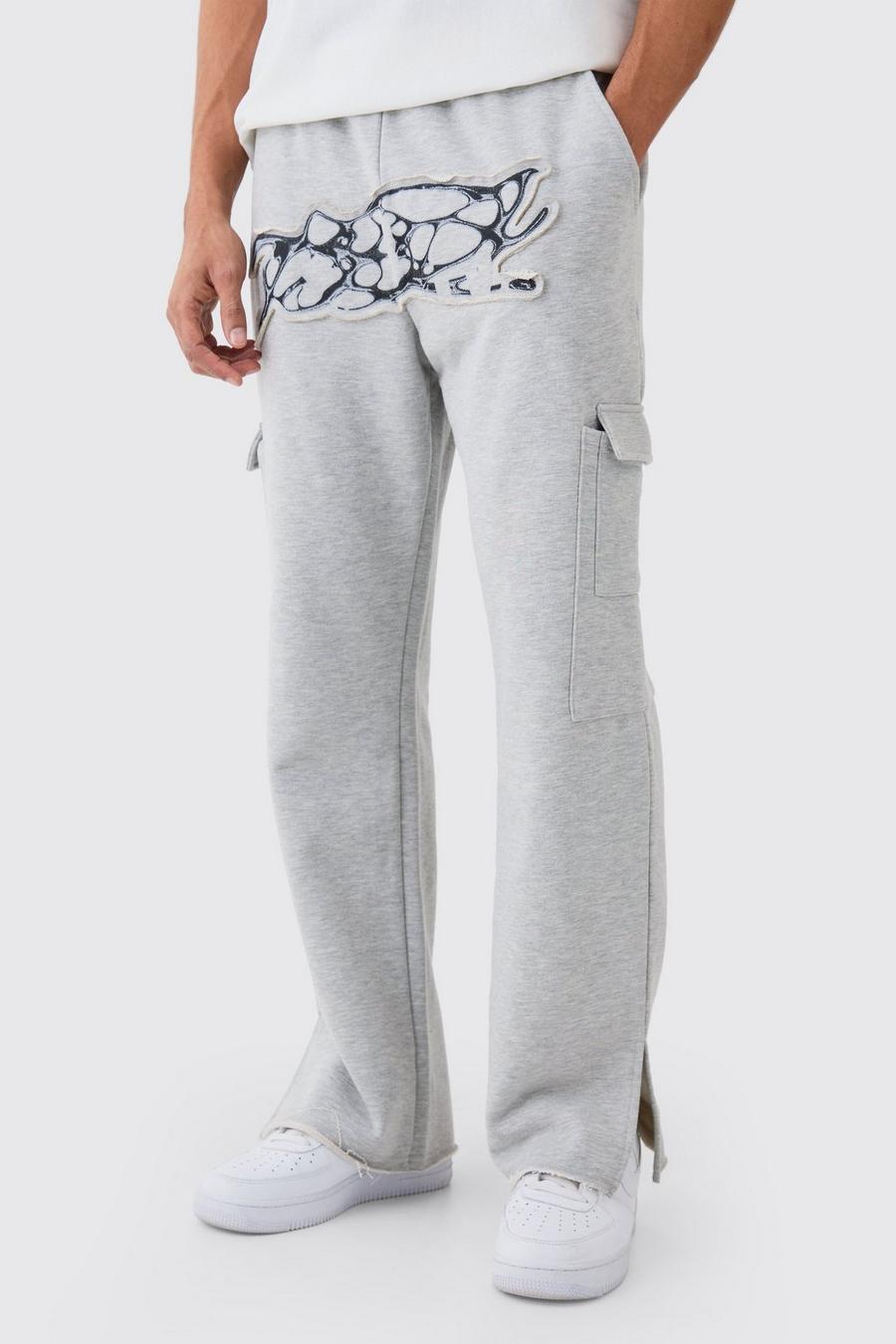 Pantaloni tuta dritti pesanti effetto smagliato con applique e spacco sul fondo, Grey marl