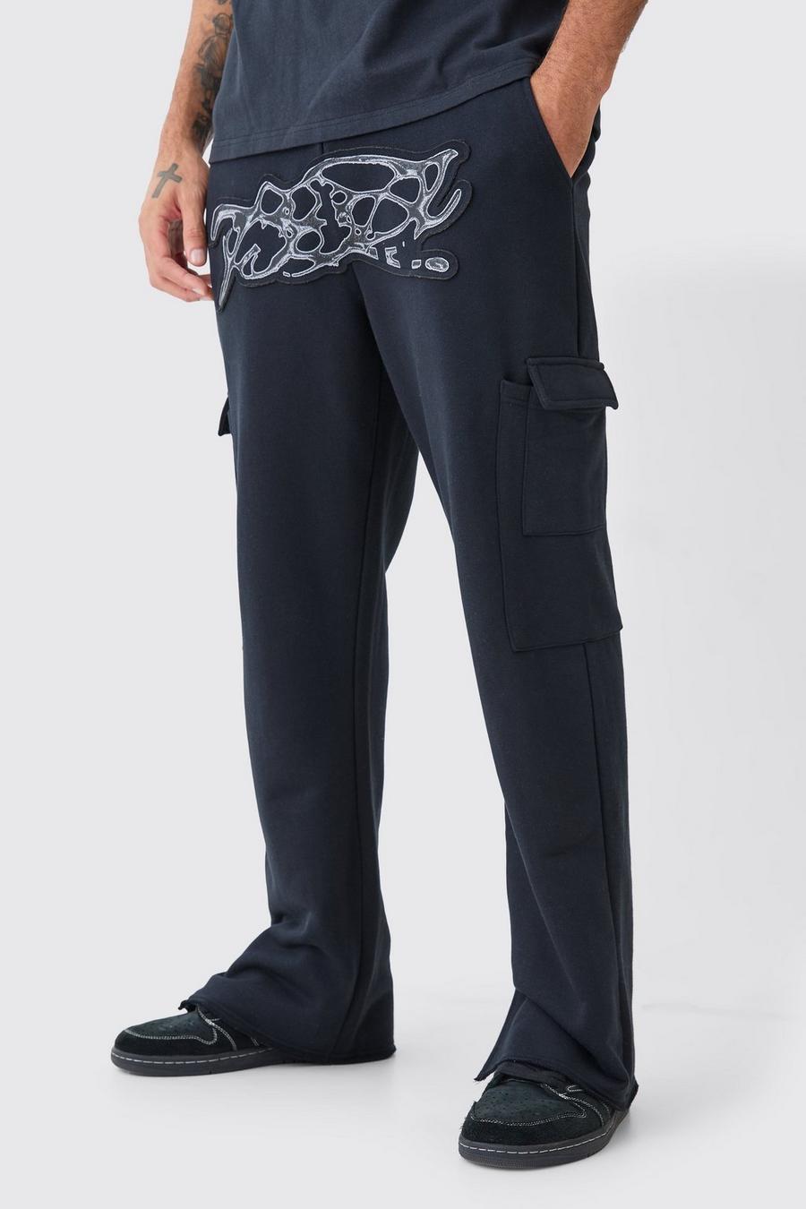 Pantaloni tuta dritti pesanti effetto smagliato con applique e spacco sul fondo, Black image number 1