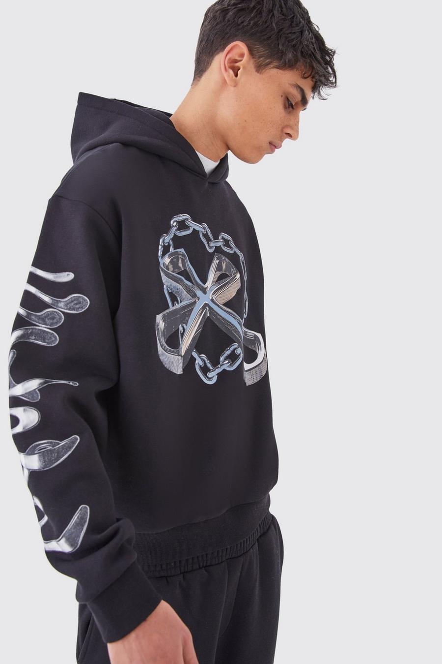 Black Oversized Boxy Chain Graphic Hoodie image number 1