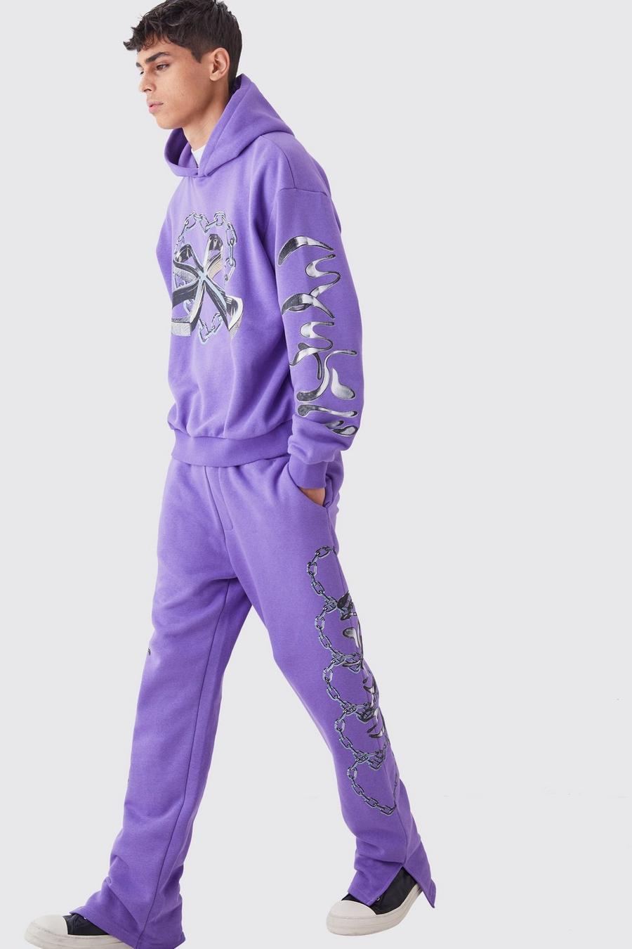 Chándal oversize recto con capucha y estampado gráfico de cadenas, Purple