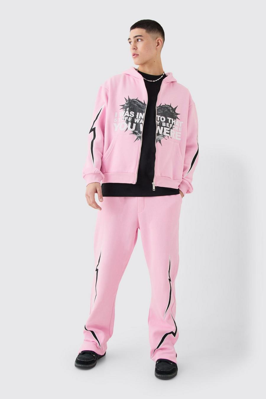 Kastiger Oversize Trainingsanzug mit Reißverschluss und Herz-Print, Pink image number 1