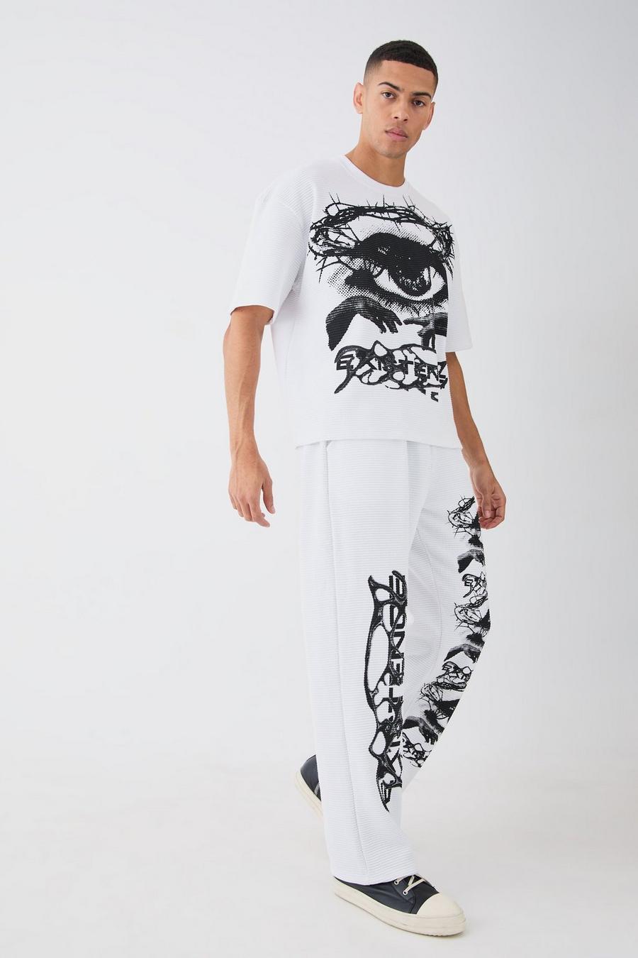 Kastige Oversize Jogginghose in Waffeloptik mit Print, White