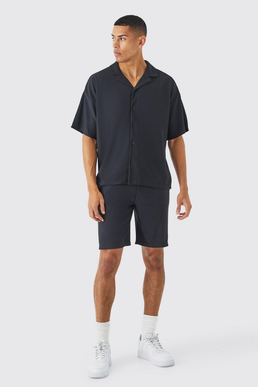 Conjunto de pantalón corto y camisa recta de canalé y manga corta, Black