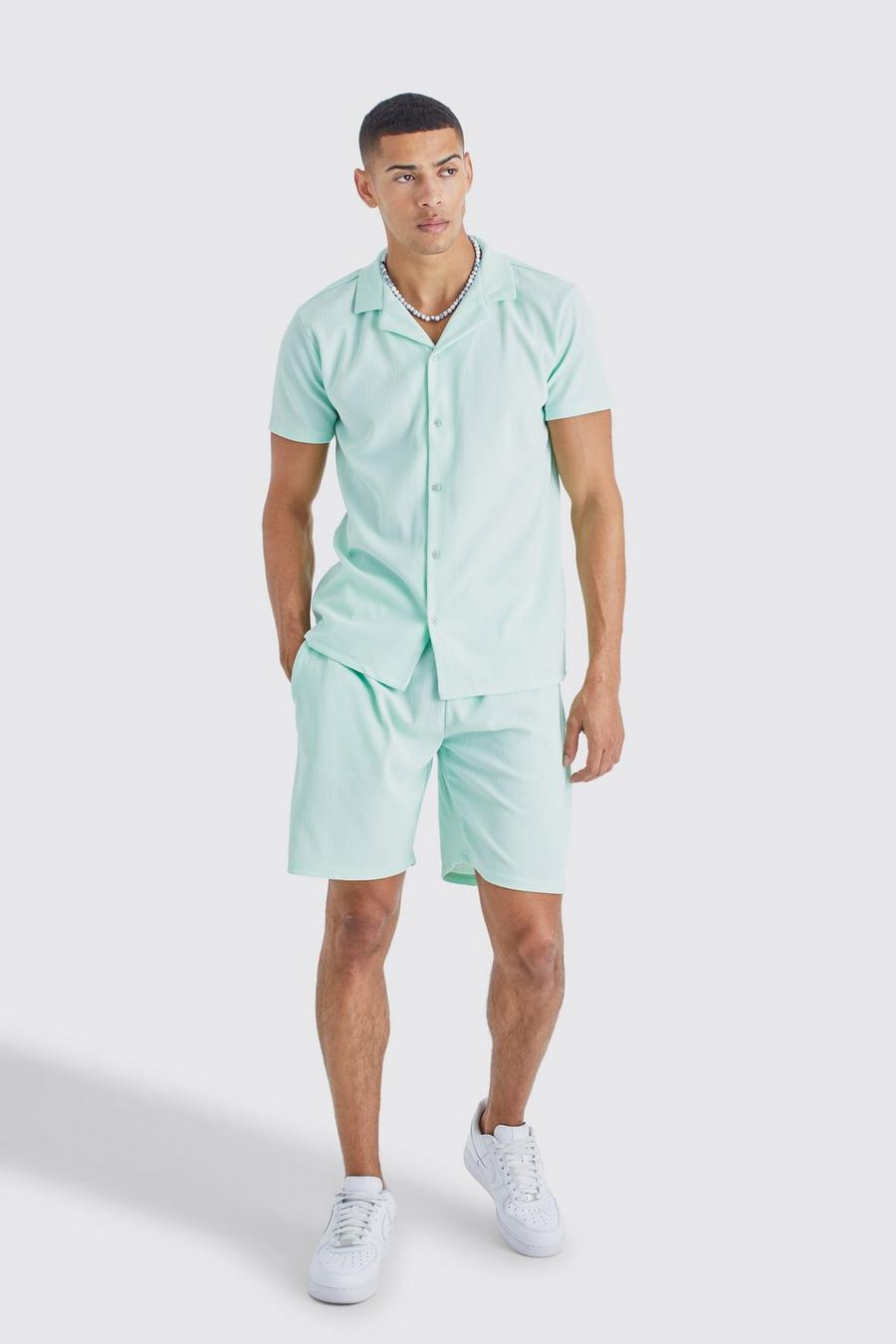 Mint Short Sleeve Ribbed Shirt And Short Set